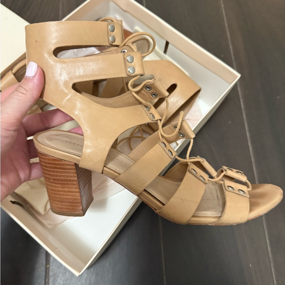 Loeffler Randall Tan Strappy Block Heel Sandals. Size 9.